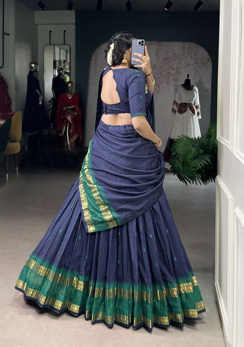 Navy Blue Zari Work Chanderi Lehenga Set - Indya