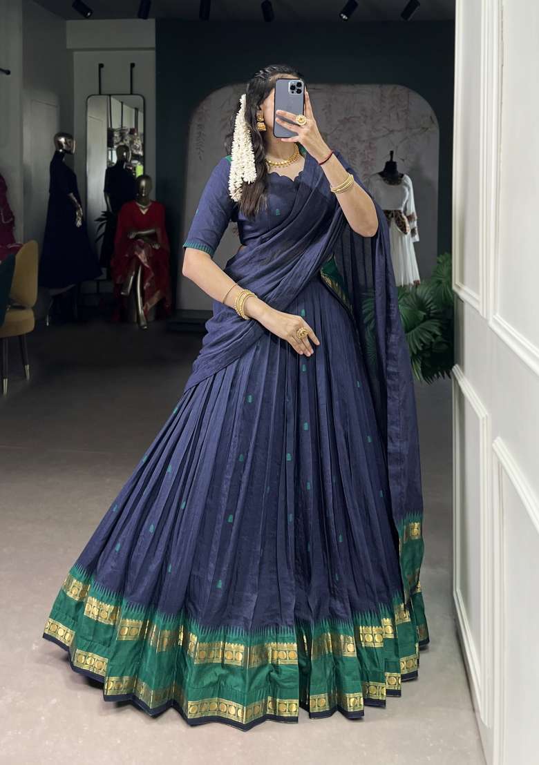 Navy Blue Zari Work Chanderi Lehenga Set - Indya