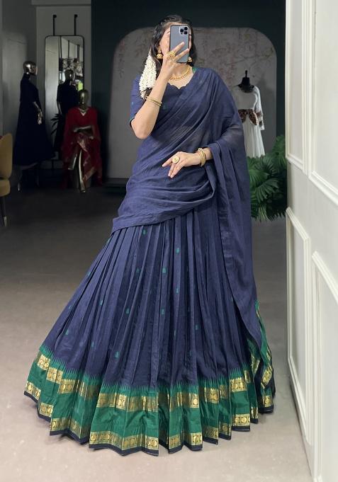 Navy Blue Zari Work Chanderi Lehenga Set