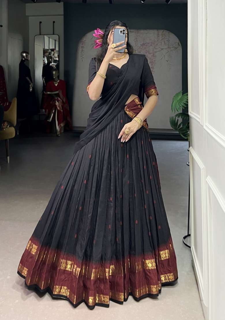 Black Zari Work Chanderi Lehenga Set - Indya