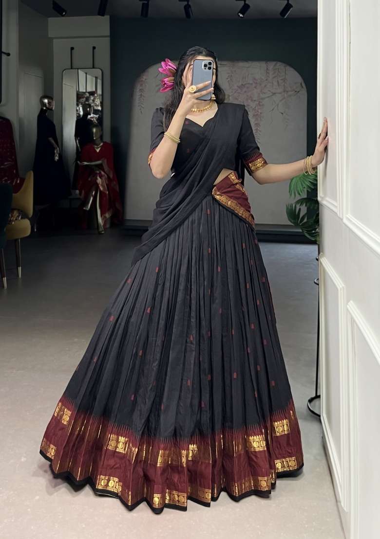 Black Zari Work Chanderi Lehenga Set - Indya