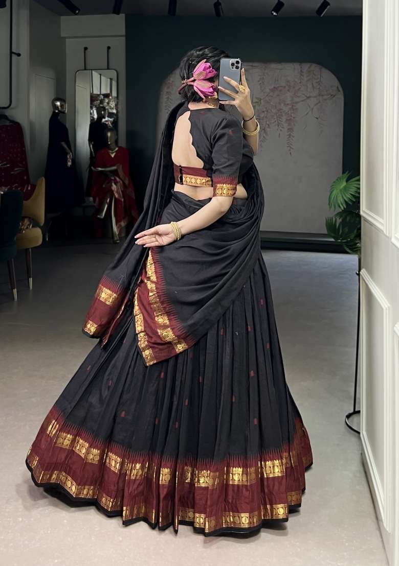 Black Zari Work Chanderi Lehenga Set - Indya