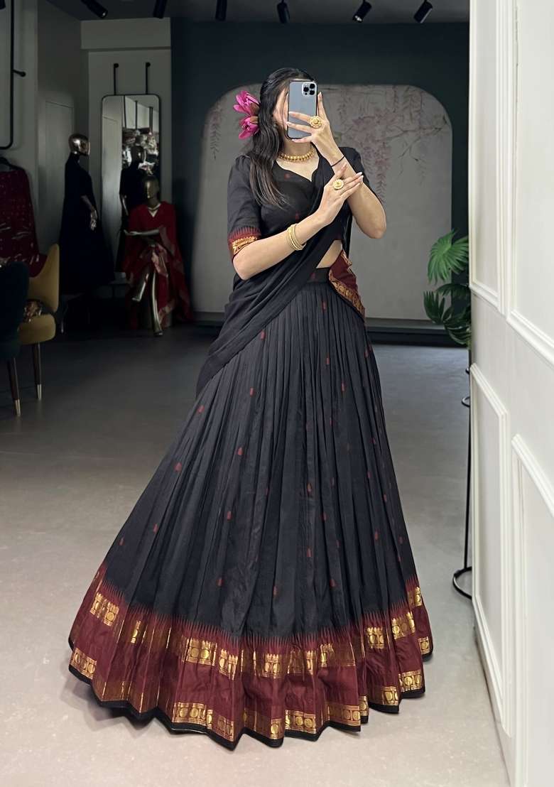 Black Zari Work Chanderi Lehenga Set - Indya