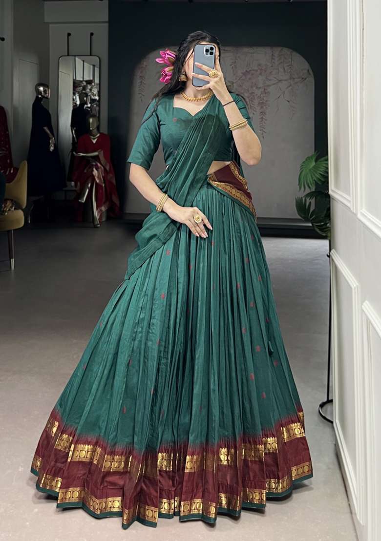 Teal Blue Zari Work Chanderi Lehenga Set - Indya