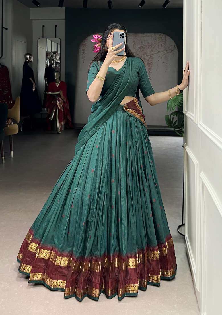 Teal Blue Zari Work Chanderi Lehenga Set - Indya