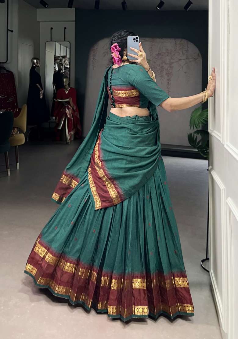 Teal Blue Zari Work Chanderi Lehenga Set - Indya
