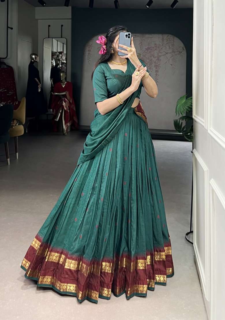 Teal Blue Zari Work Chanderi Lehenga Set - Indya