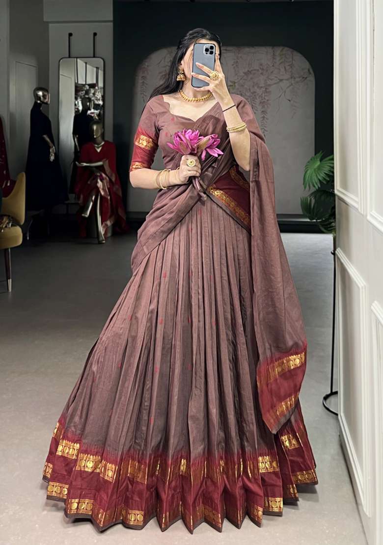 Brown Zari Work Chanderi Lehenga Set - Indya