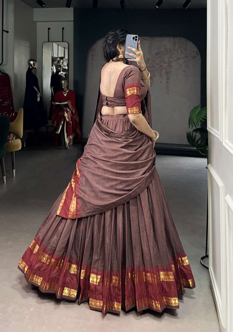 Brown Zari Work Chanderi Lehenga Set - Indya