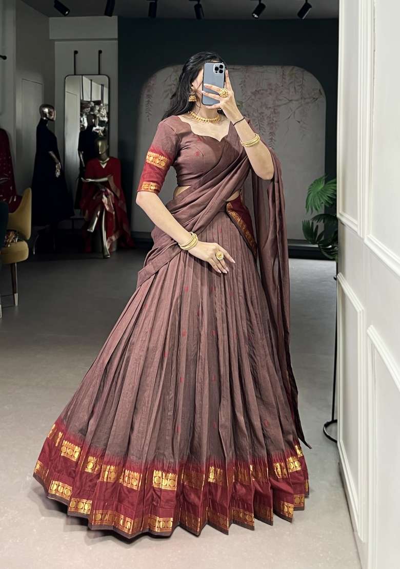 Brown Zari Work Chanderi Lehenga Set - Indya