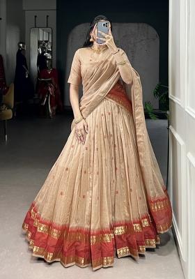 Cream Zari Work Chanderi Lehenga Set