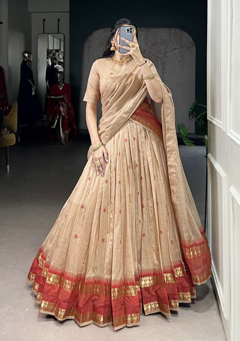 Cream Zari Work Chanderi Lehenga Set - Indya