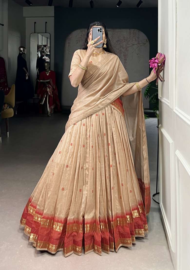 Cream Zari Work Chanderi Lehenga Set - Indya