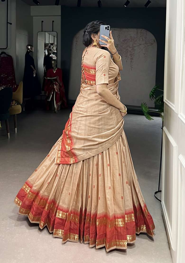 Cream Zari Work Chanderi Lehenga Set - Indya