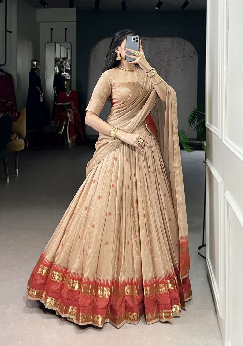 Cream Zari Work Chanderi Lehenga Set - Indya
