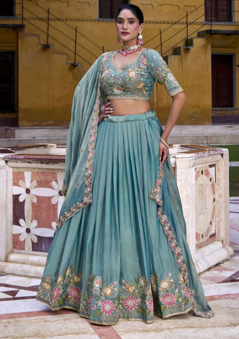 Sky Blue Embroidered Zari Shimmer Lehenga Set - Indya