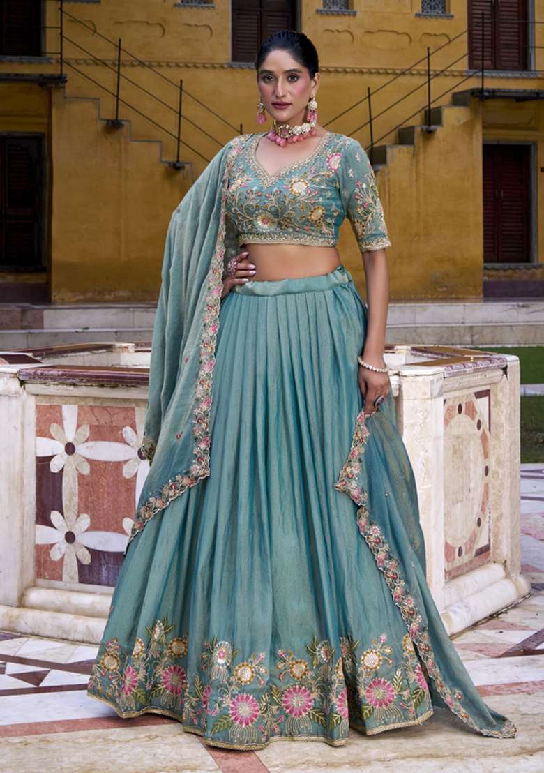 Sky Blue Embroidered Zari Shimmer Lehenga Set - Indya