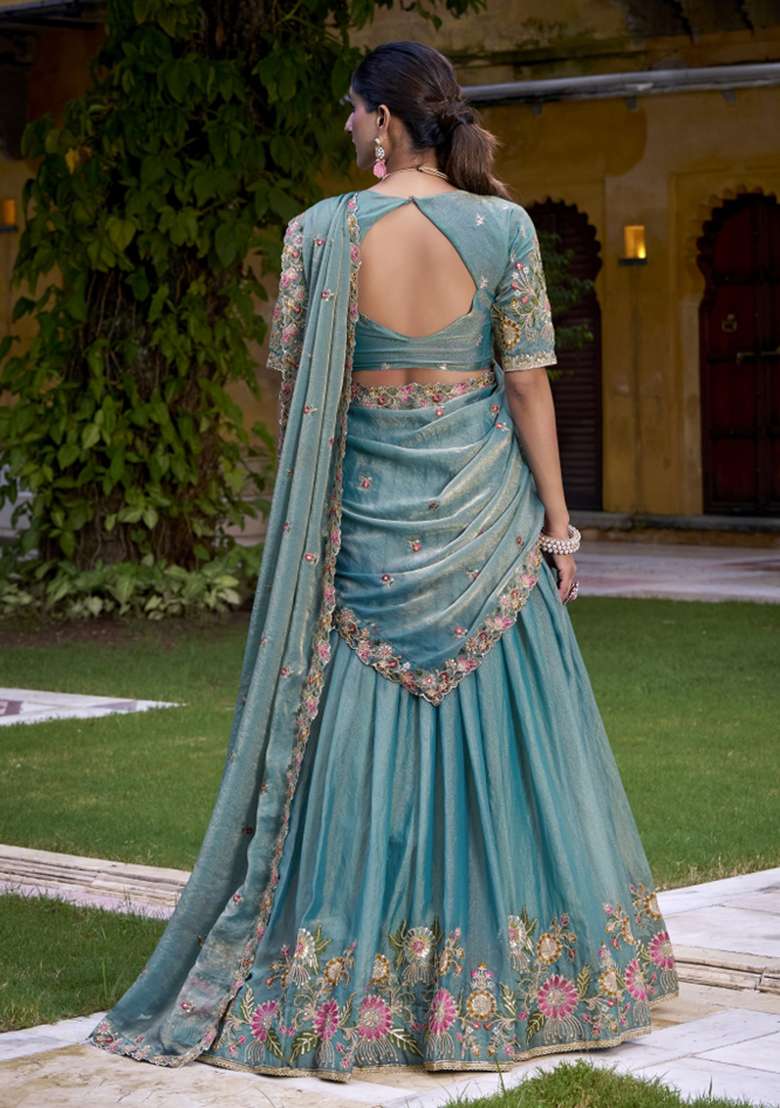 Sky Blue Embroidered Zari Shimmer Lehenga Set - Indya