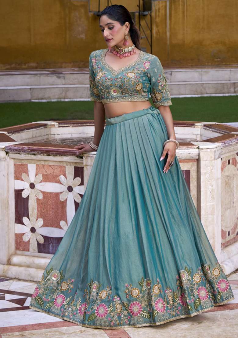 Sky Blue Embroidered Zari Shimmer Lehenga Set - Indya