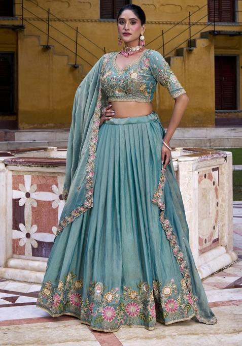 Sky Blue Embroidered Zari Shimmer Lehenga Set