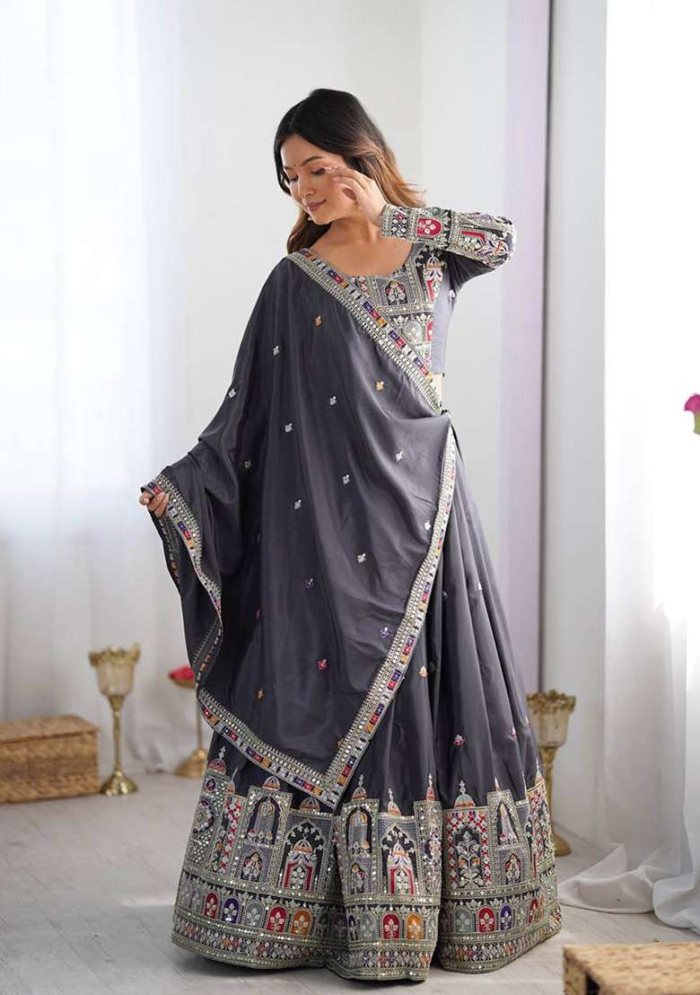 Black Motif Silk Lehenga Set - Indya