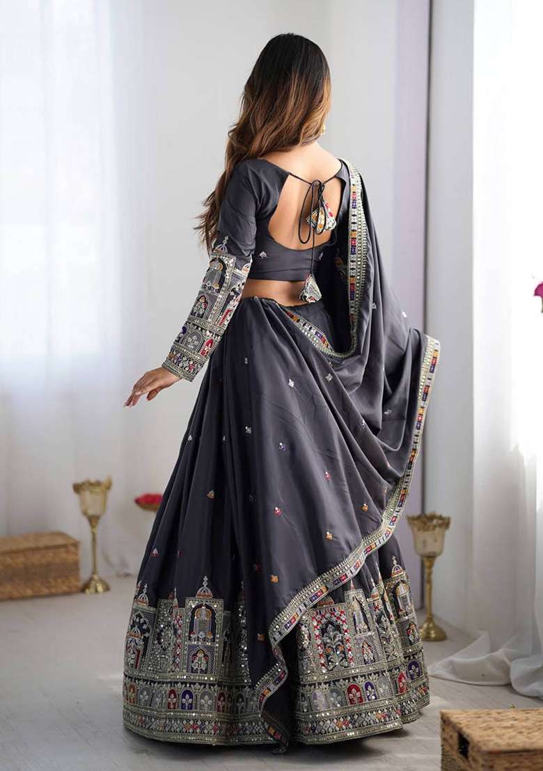 Black Motif Silk Lehenga Set - Indya