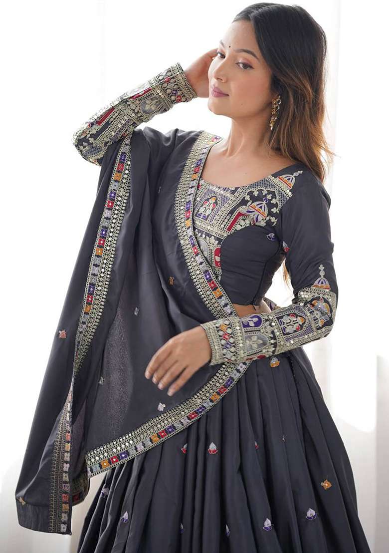 Black Motif Silk Lehenga Set - Indya