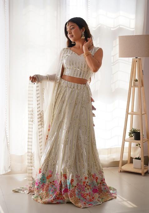 White Motif Georgette Lehenga Set