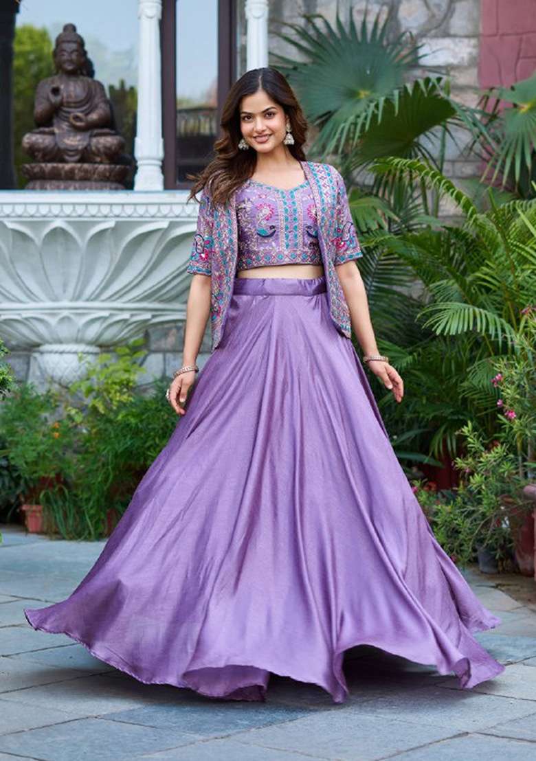 Lavender Motif Cotton Lehenga Set for Diwali | Wedding & Festive Wear - Indya