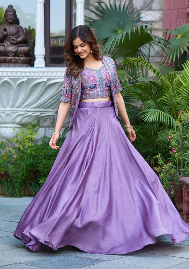 Lavender Motif Cotton Lehenga Set for Diwali | Wedding & Festive Wear - Indya