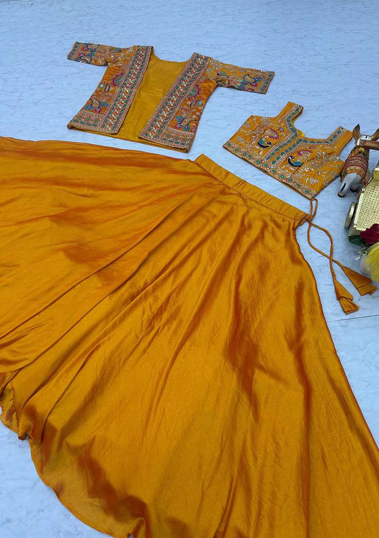 Mustard Yellow Motif Cotton Lehenga Set for Diwali and Festive Wear - Indya