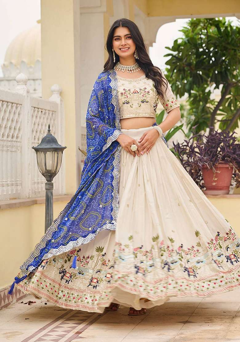 Royal Blue Motif Georgette Lehenga Set for Diwali | Wedding & Festive Wear - Indya