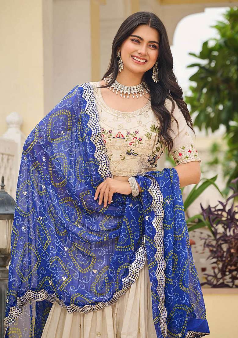 Royal Blue Motif Georgette Lehenga Set for Diwali | Wedding & Festive Wear - Indya