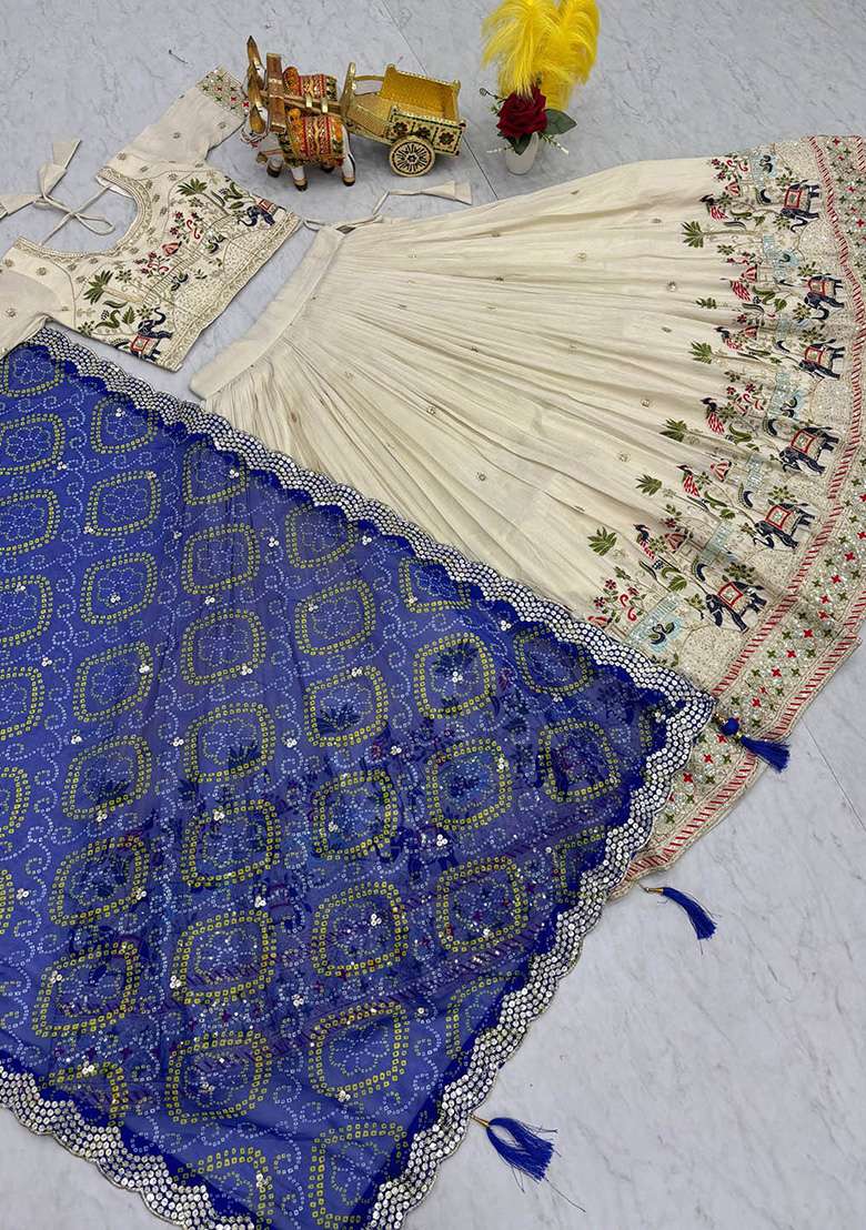 Royal Blue Motif Georgette Lehenga Set for Diwali | Wedding & Festive Wear - Indya