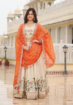 Orange Motif Georgette Lehenga Set