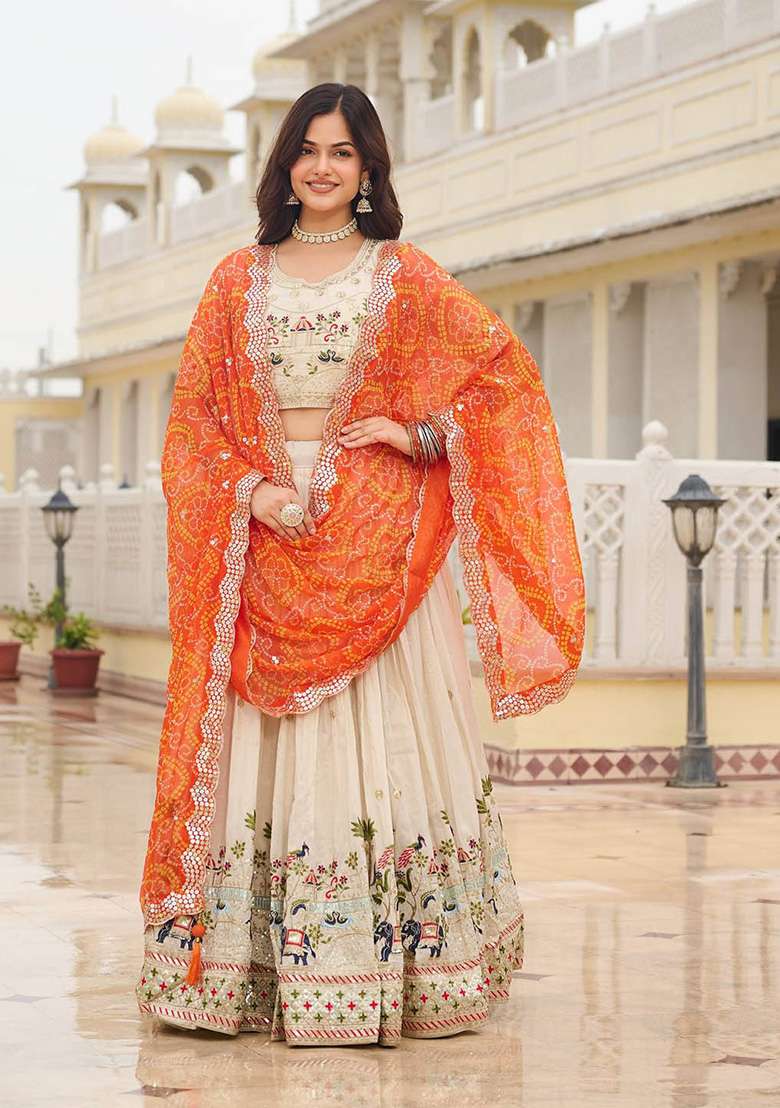Orange Motif Georgette Lehenga Set for Diwali and Festive Wear - Indya