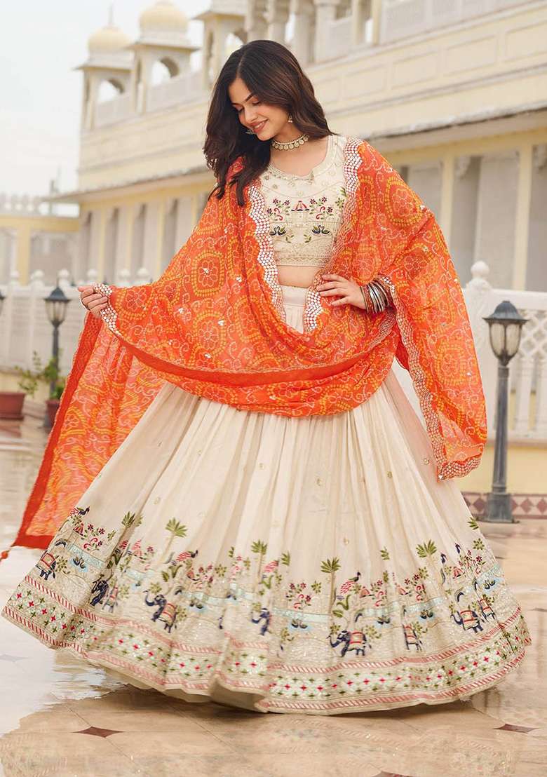 Orange Motif Georgette Lehenga Set for Diwali and Festive Wear - Indya