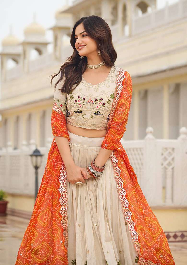 Orange Motif Georgette Lehenga Set for Diwali and Festive Wear - Indya