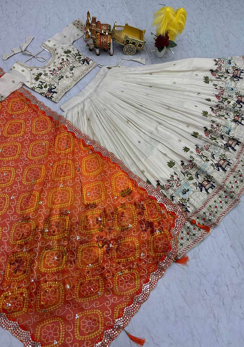Orange Motif Georgette Lehenga Set for Diwali and Festive Wear - Indya