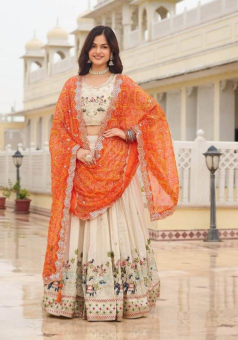Orange Motif Georgette Lehenga Set