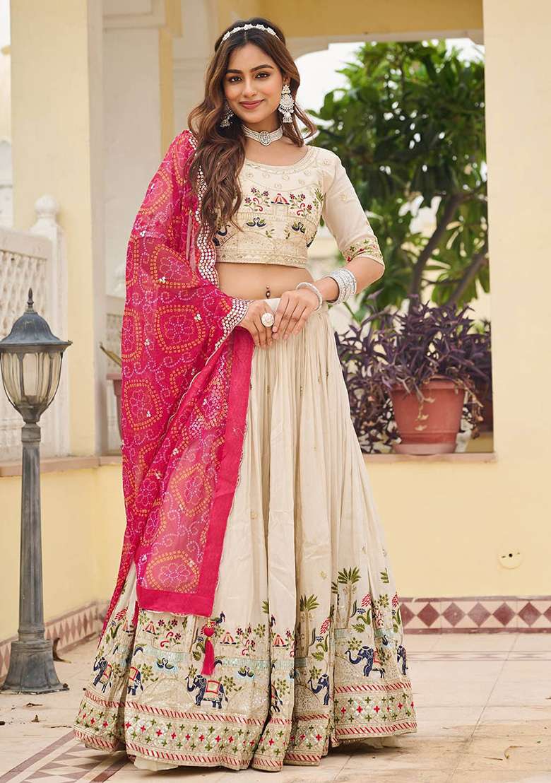 Pink Motif Georgette Lehenga Set for Diwali and Festive Wear - Indya