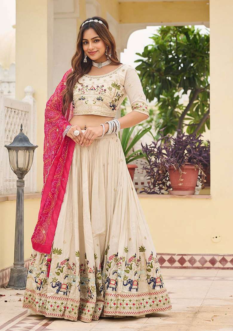 Pink Motif Georgette Lehenga Set for Diwali and Festive Wear - Indya