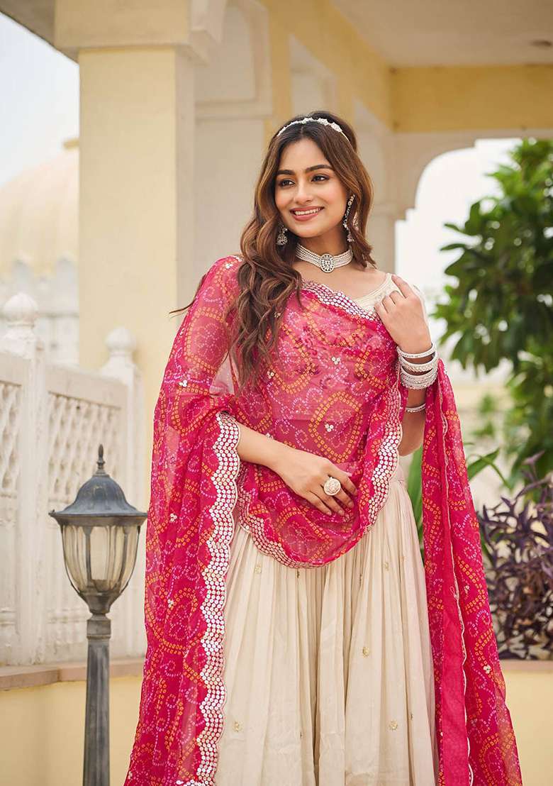 Pink Motif Georgette Lehenga Set for Diwali and Festive Wear - Indya