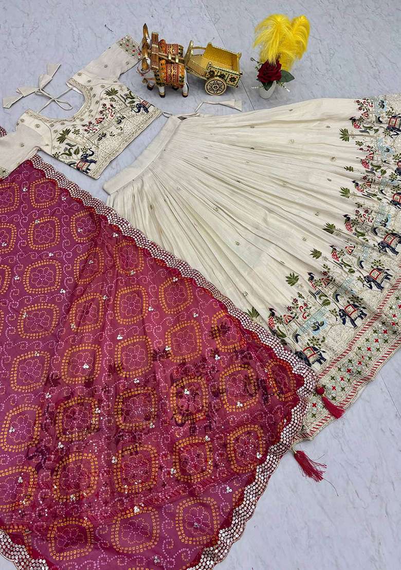 Pink Motif Georgette Lehenga Set for Diwali and Festive Wear - Indya