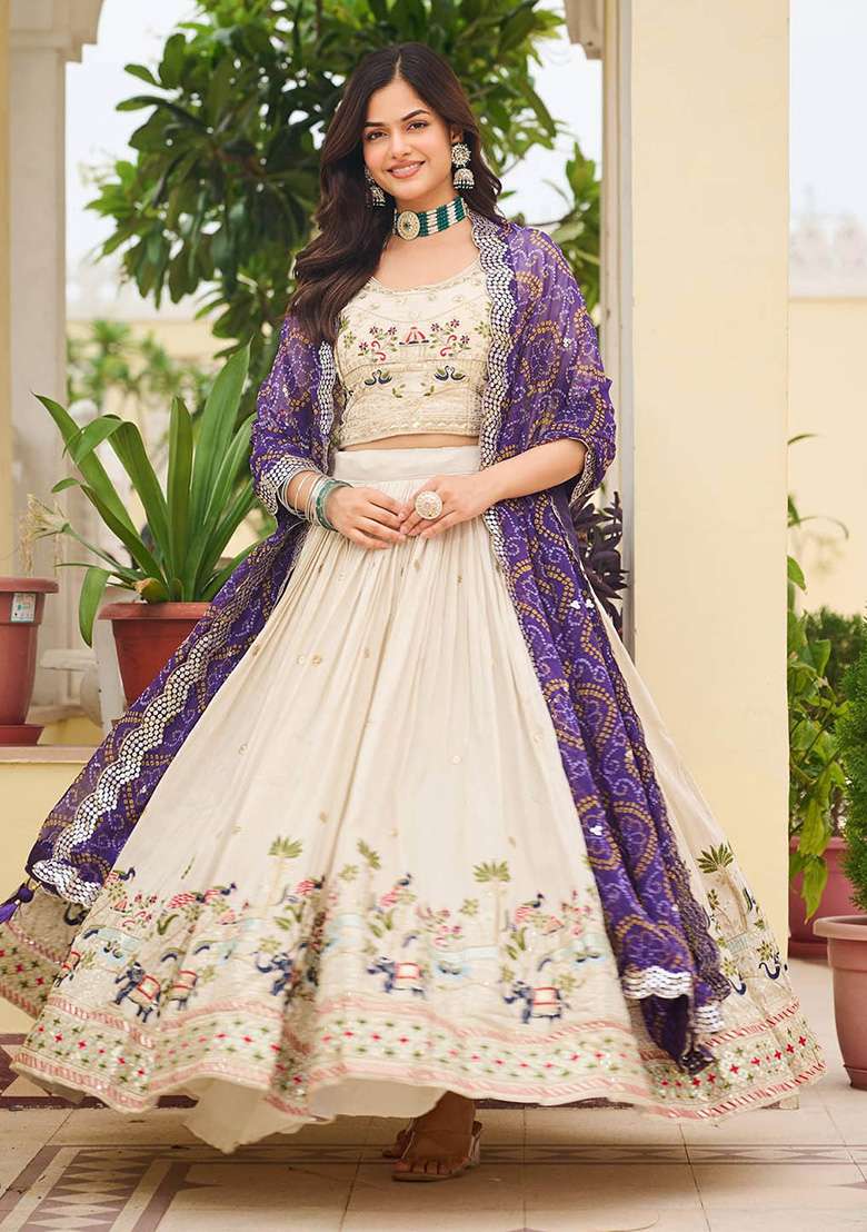 Purple Motif Georgette Lehenga Set for Diwali and Festive Wear - Indya