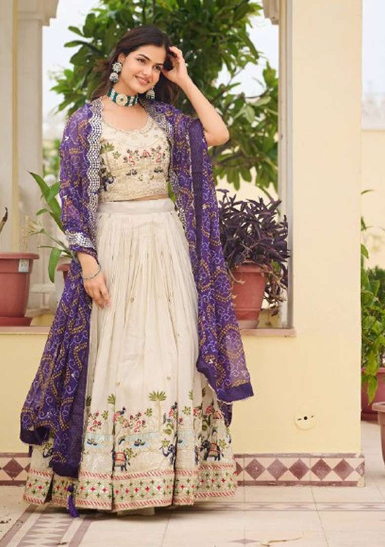 Purple Motif Georgette Lehenga Set for Diwali and Festive Wear - Indya