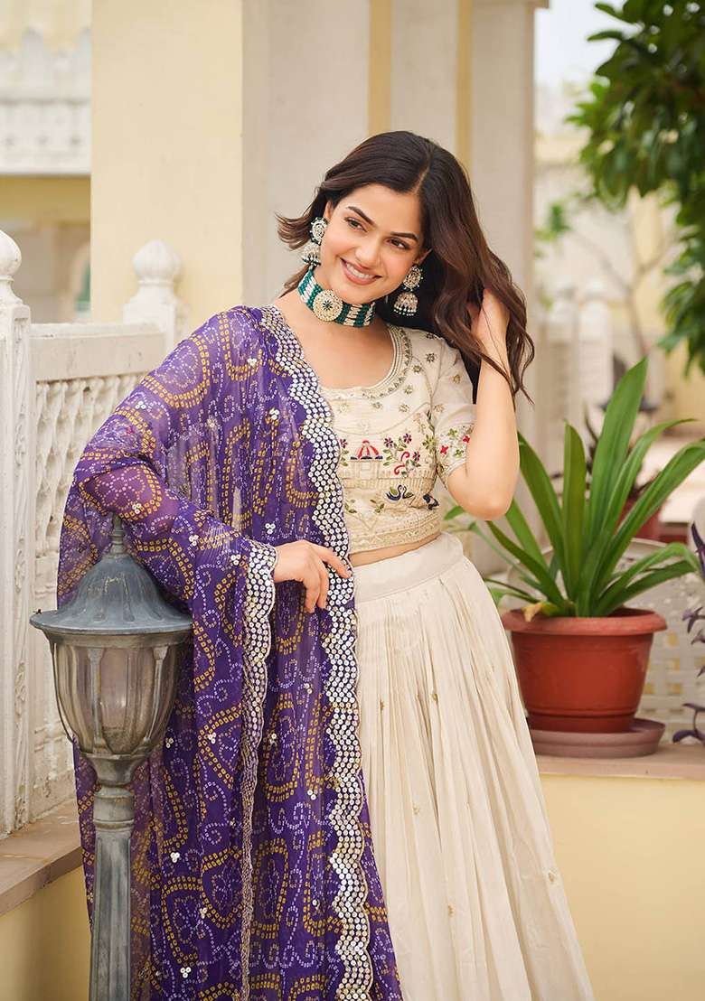 Purple Motif Georgette Lehenga Set for Diwali and Festive Wear - Indya