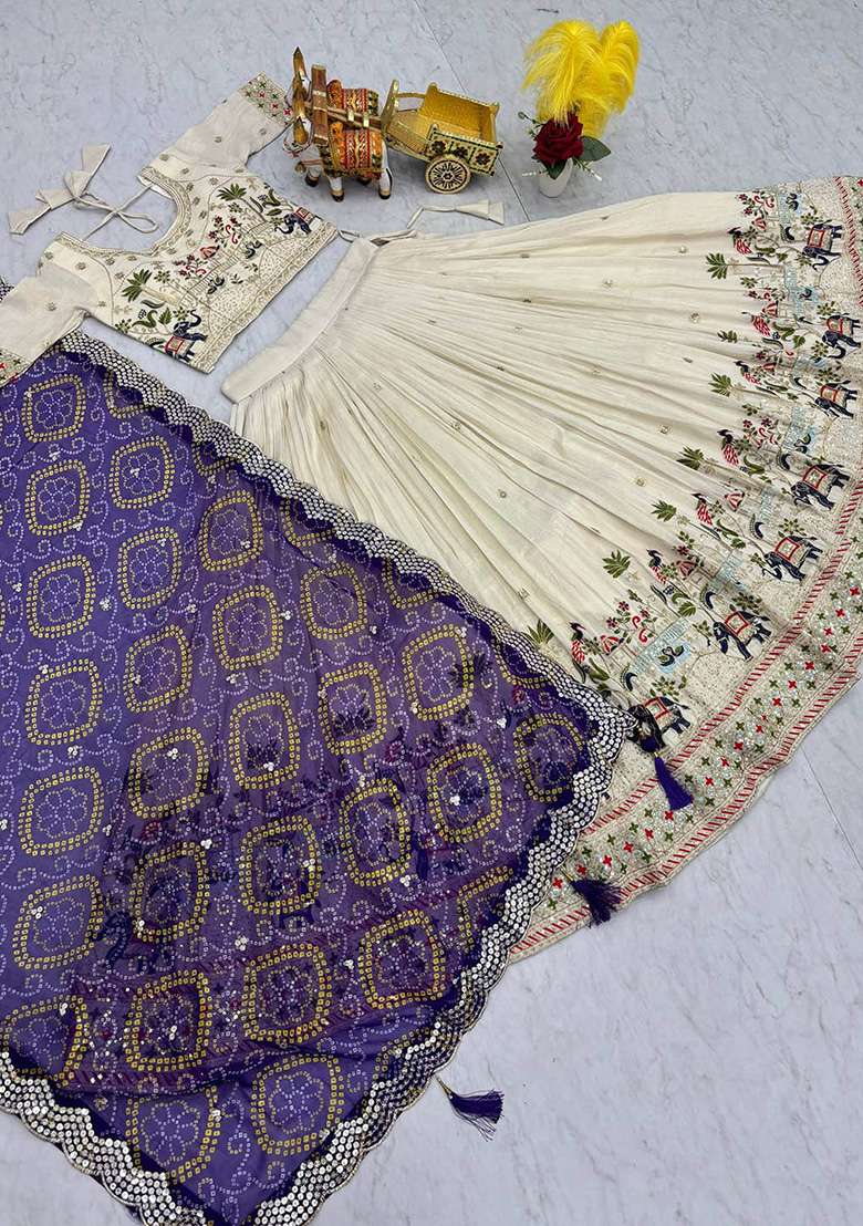 Purple Motif Georgette Lehenga Set for Diwali and Festive Wear - Indya