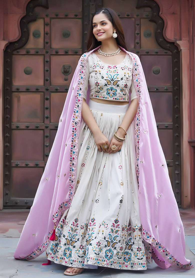 Pink Motif Silk Blend Lehenga Set for Diwali and Festive Wear - Indya