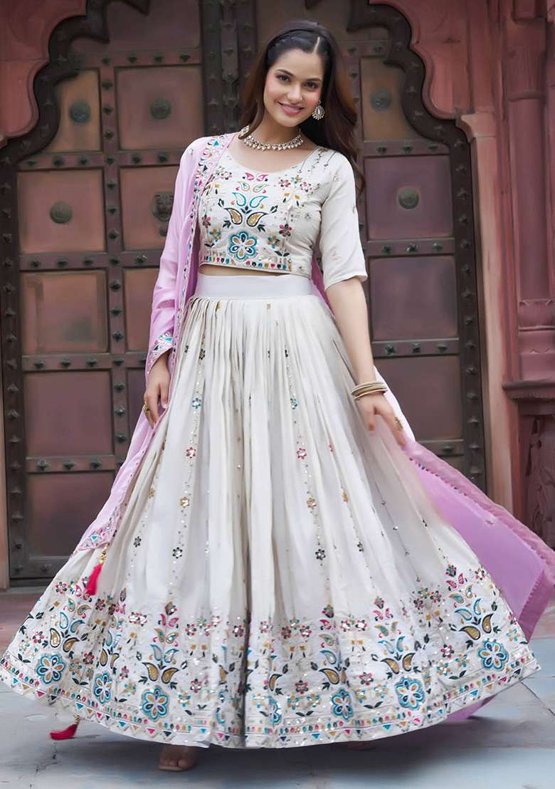 Pink Motif Silk Blend Lehenga Set for Diwali and Festive Wear - Indya